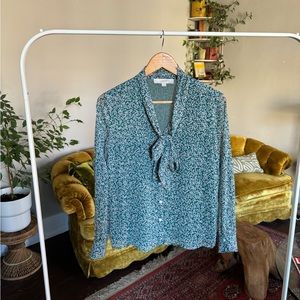 Blue floral loft XS blouse - tie neck, flowy